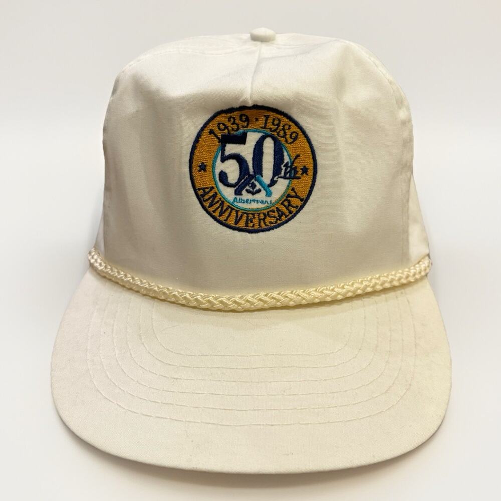 Vintage 80s Albertsons 50th Anniversary 1939-1989 White Rope Strapback Hat Cap